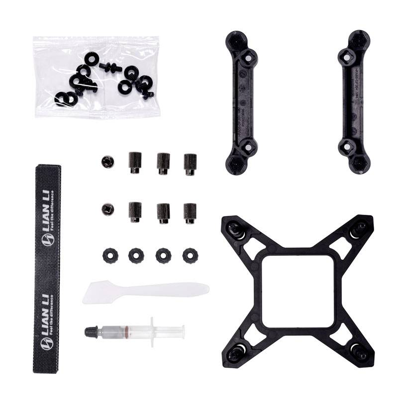 'Radiator mounting kit with screws, brackets, syringe of thermal paste, and installation tools by Lian Li.'