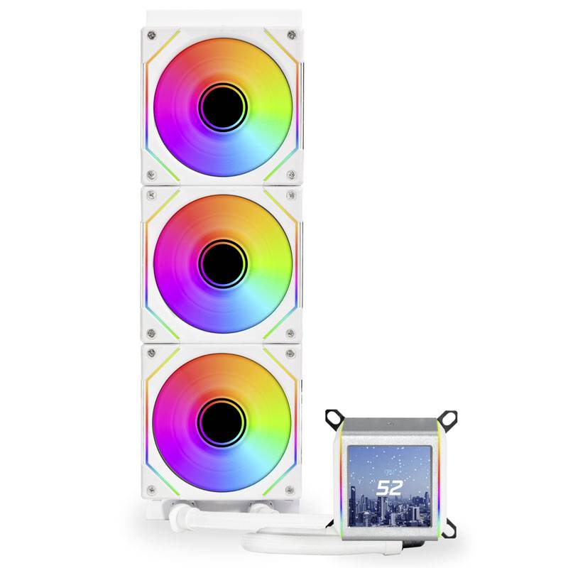Three RGB-illuminated fans stacked vertically, beside a small unit with a display showing '52', presumably the temperature.