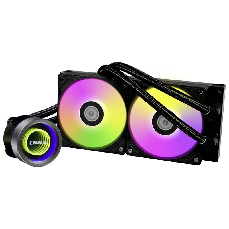 Two fans with RGB lighting and a Lian Li logo on the water cooling unit, connected with black tubes.