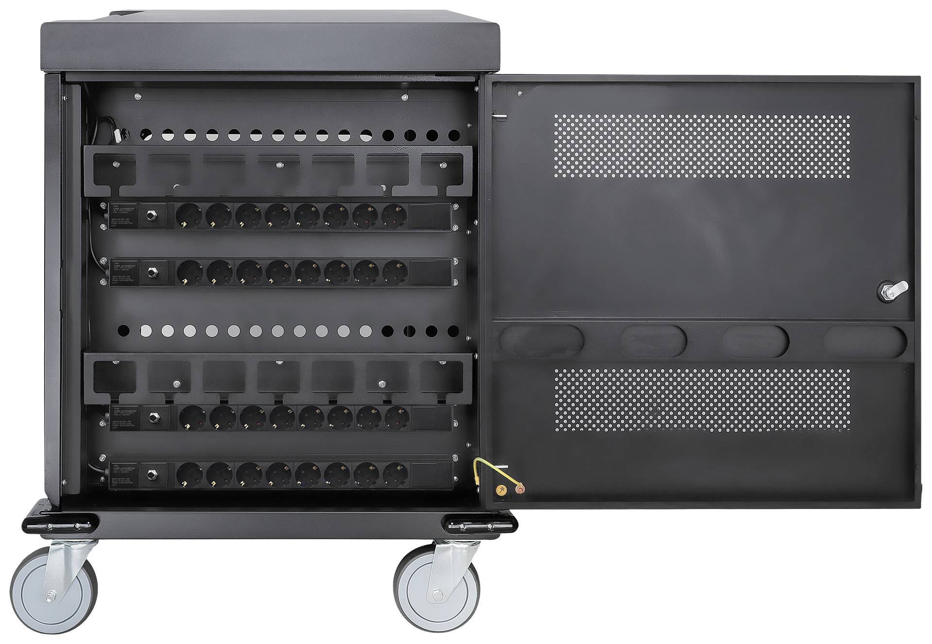 Black mobile charging cabinet with an open door displays interior compartments and power sockets for simultaneously charging multiple electronic devices.