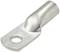 A metal cable lug with a cylindrical end for receiving a cable and a flat end with a hole for attachment to a screw.