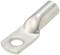 Metal cable lug with a cylindrical end and a flanged, perforated section for fastening, used for connecting electrical cables.