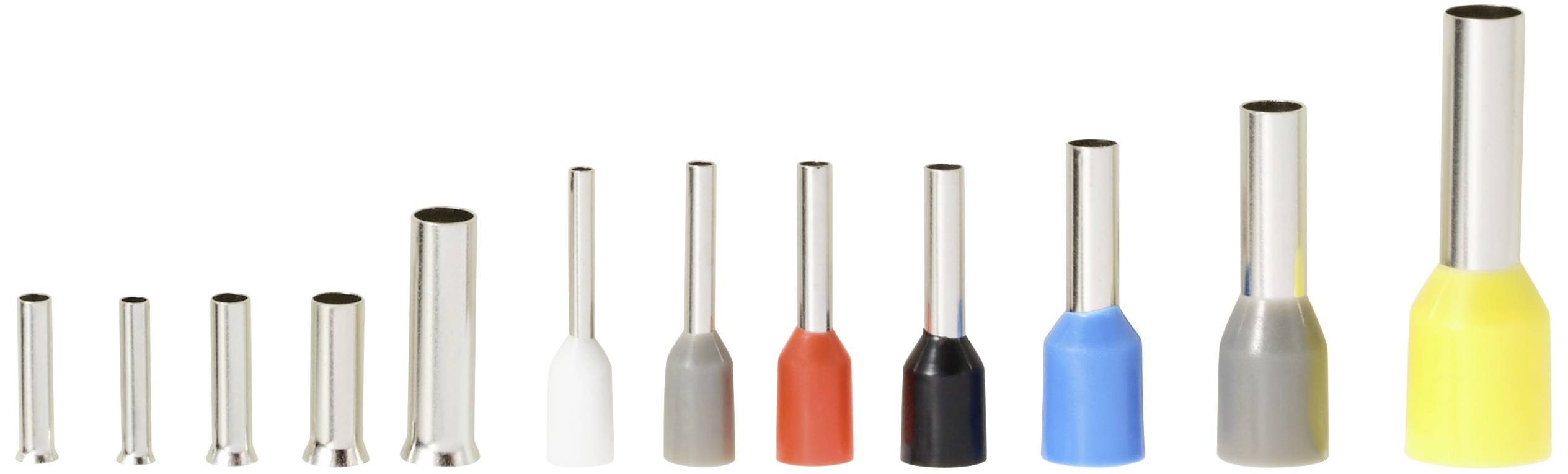 Various wire end ferrules in different colours and sizes, arranged from small to large. They are made of metal with plastic ends.