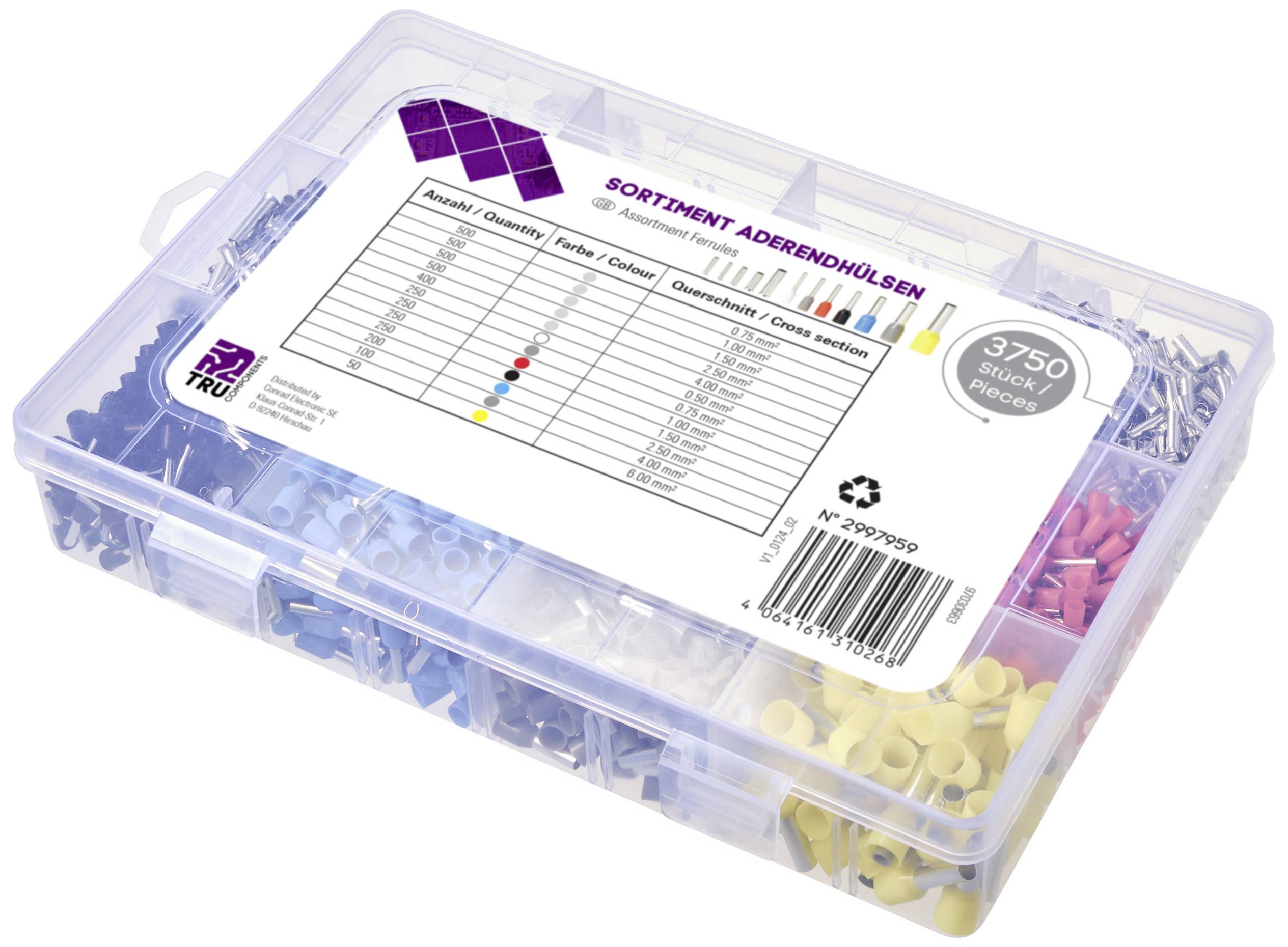 A plastic box contains 3,750 colourful cable end ferrules, sorted by size and colour. A label on the lid displays a table.