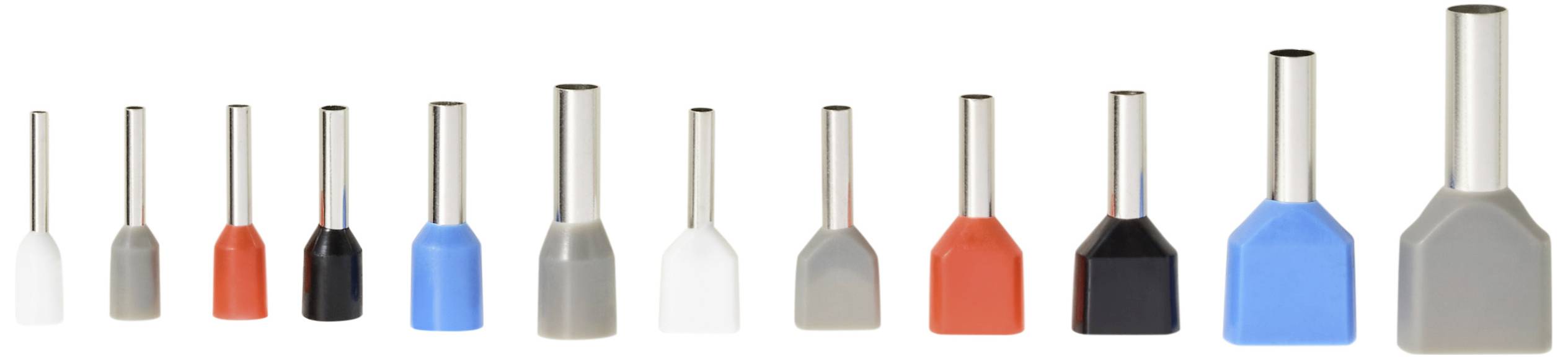 Various coloured wire end ferrules in different sizes, lined up side by side, show variations in length and diameter.