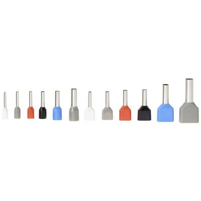 Various coloured wire end ferrules in different sizes, lined up side by side, show variations in length and diameter.
