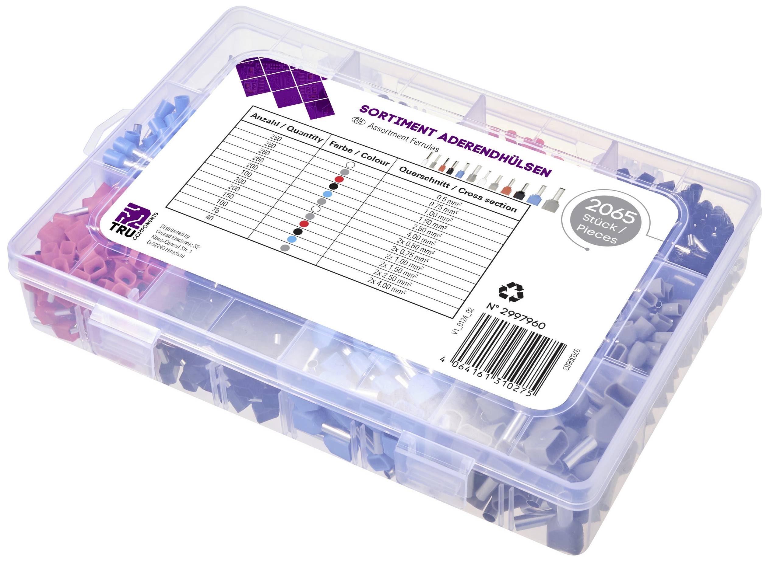 Transparent plastic box with coloured cable end ferrules. Contains a table with size specifications. Label reads: 'Cable End Ferrule Assortment'.