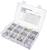 Plastic box with different sizes of ring cable lugs in compartments. Lid shows a table with details of the dimensions.