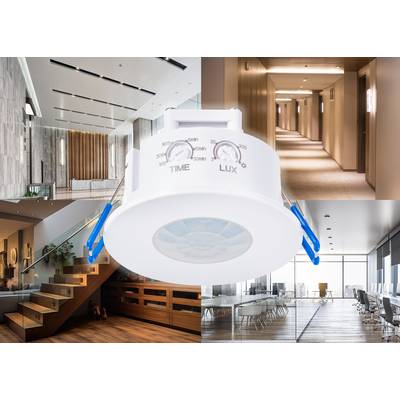A round motion sensor in the foreground against a collage of offices and corridors. Suitable for various interior spaces.