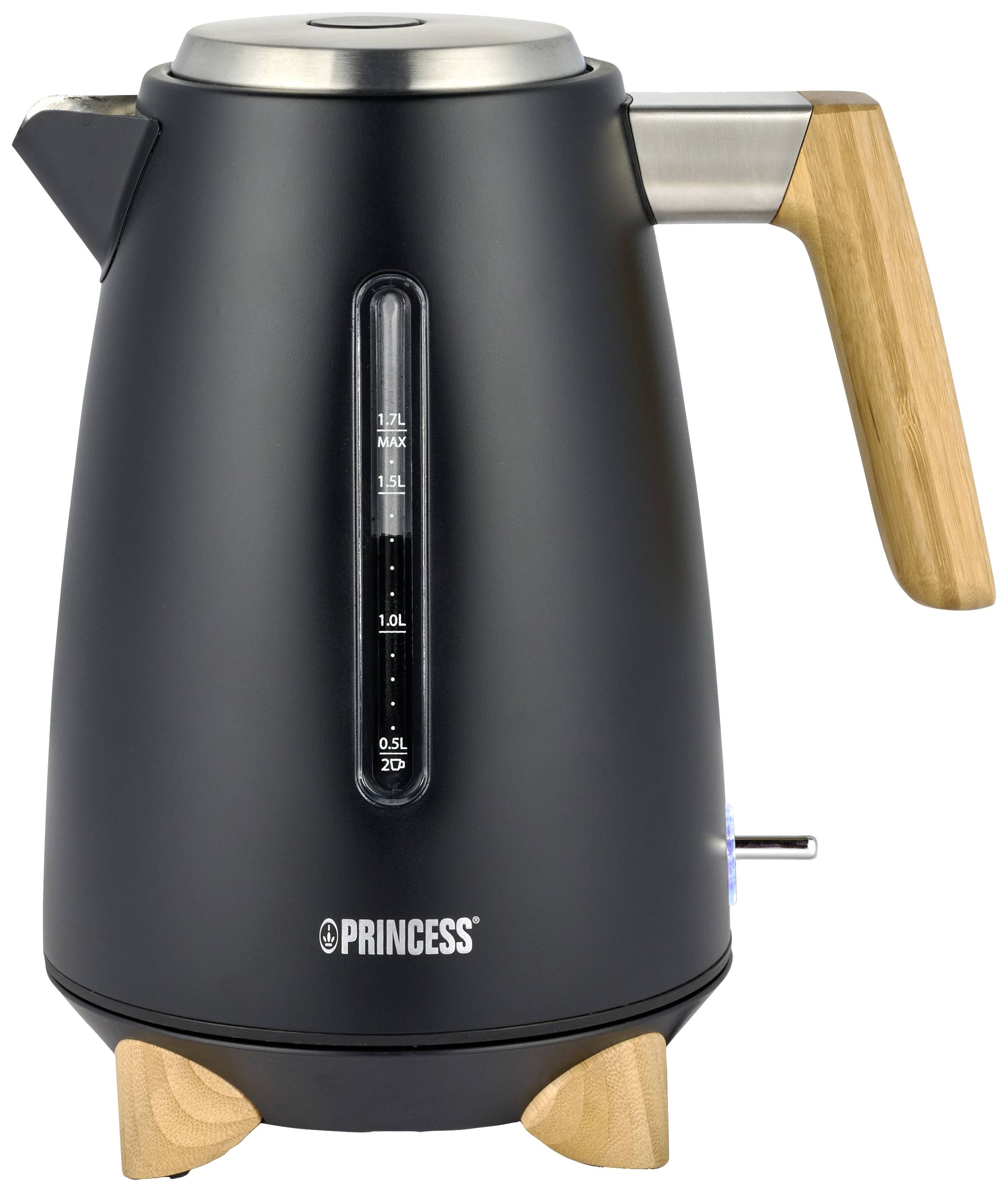 A black kettle with a wooden handle and feet. On the front, there is a water level indicator.