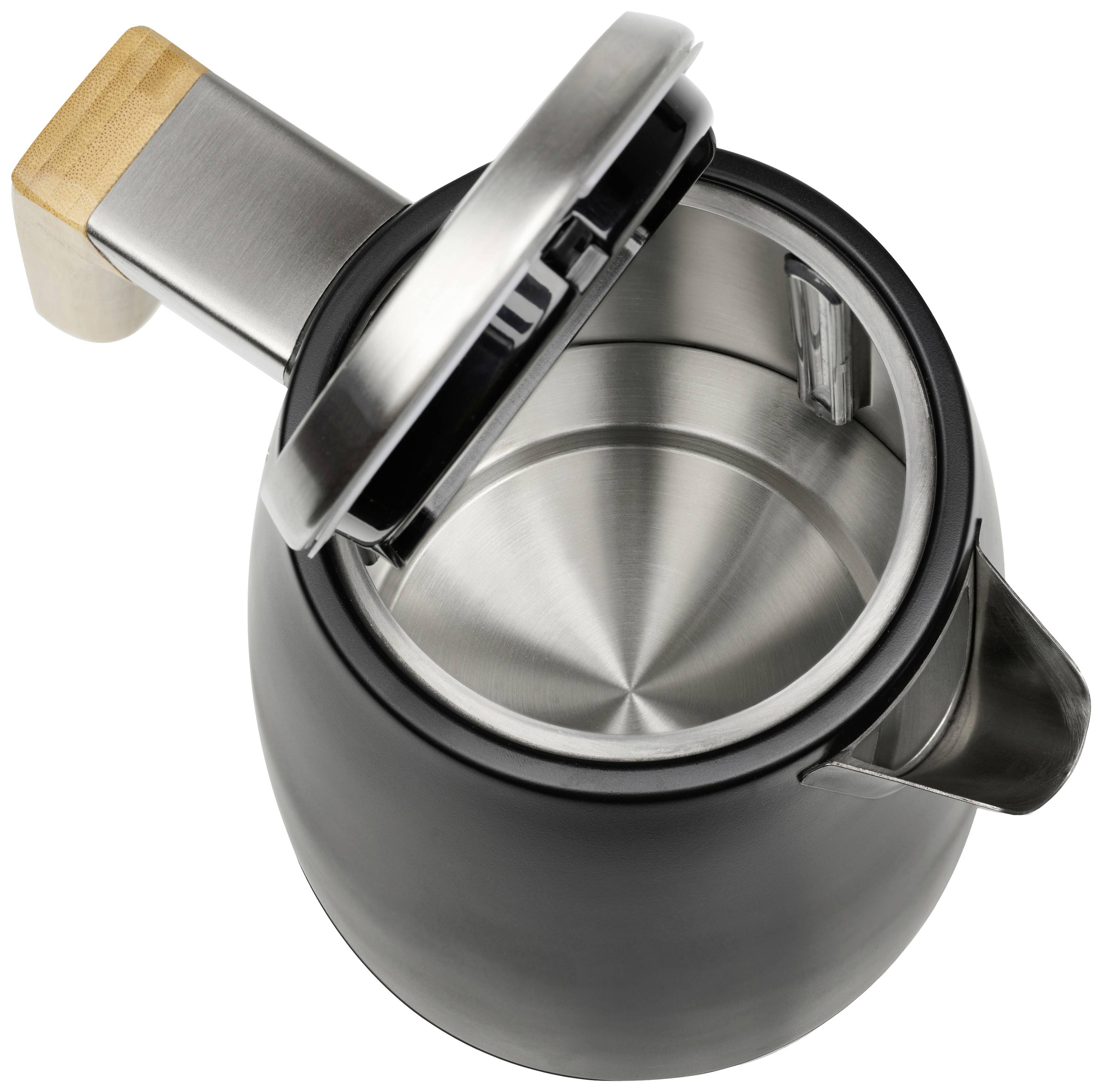 Electric kettle viewed from above, lid open, revealing stainless steel interior and handle with wooden detail.