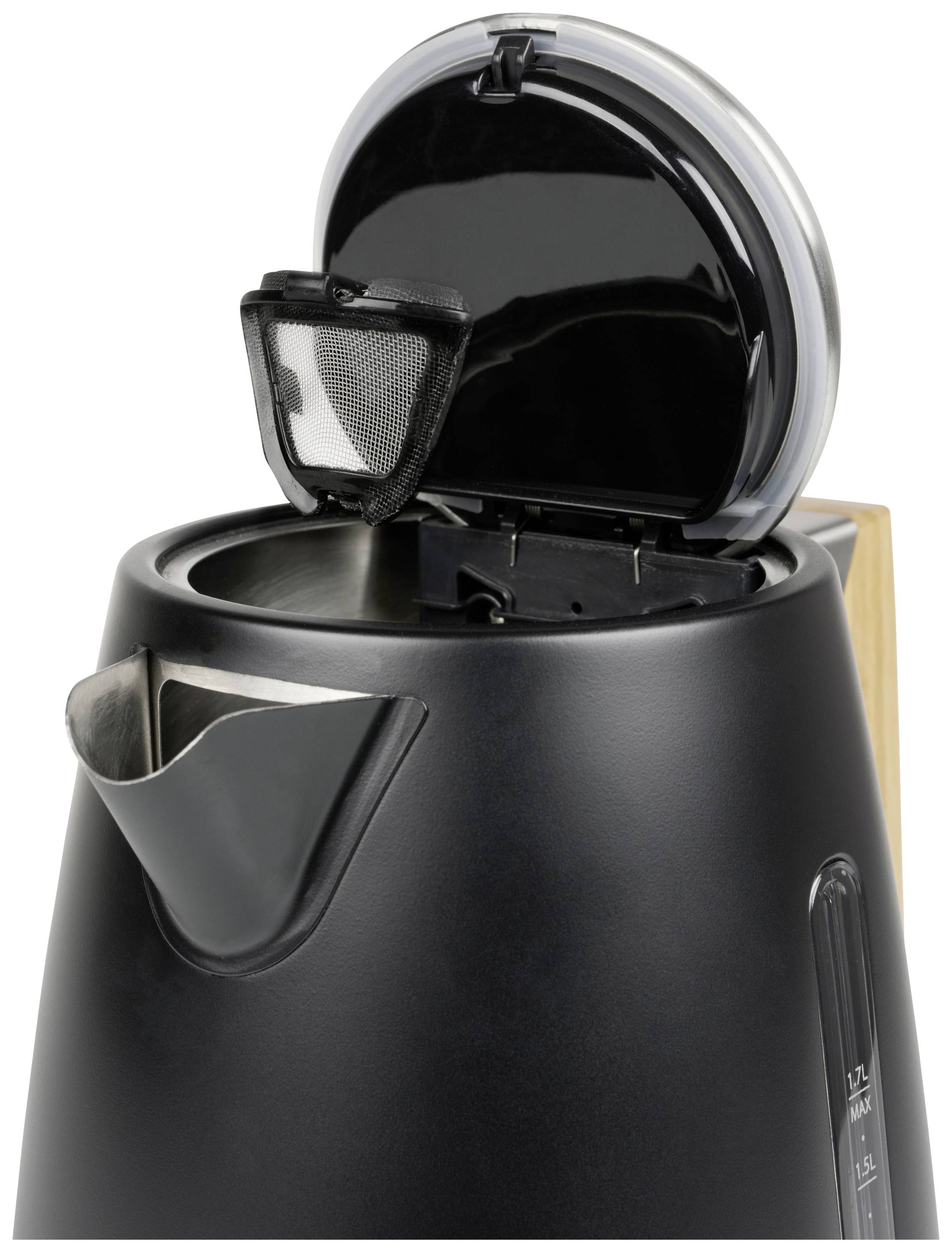 A black kettle with an open lid and visible water filter. The spout is also visible, revealing the stainless steel interior.