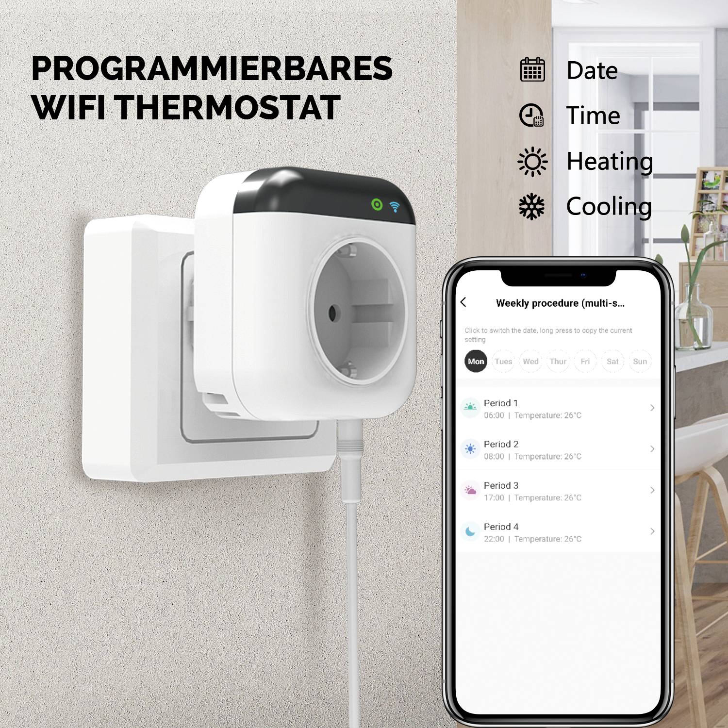 Programmable Wi-Fi thermostat mounted on the wall, connecting to a smartphone app, displaying temperature and schedule.