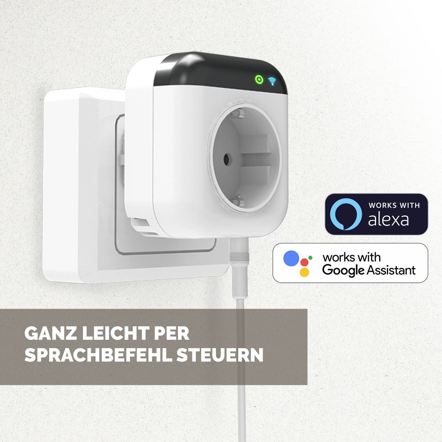 Smart wall socket with Alexa and Google Assistant integration. Text: 'Control easily with voice commands'