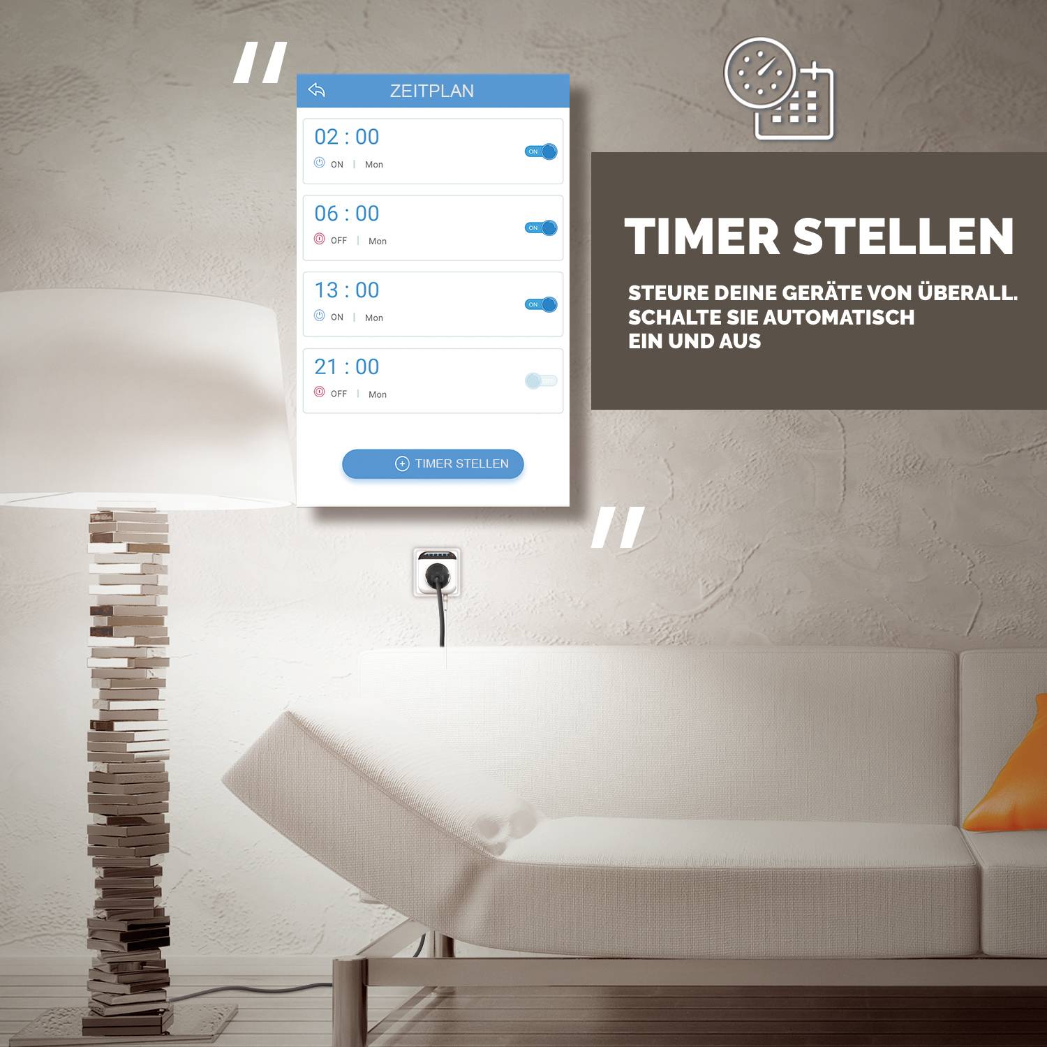 'In the picture, a modern floor lamp can be seen next to a sofa. To the right, a digital display with the heading "Set Timer" shows several timer settings.'