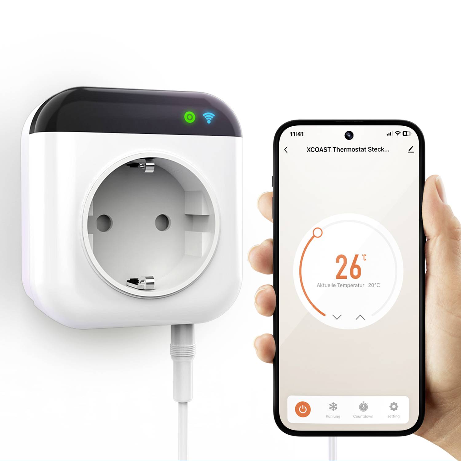 A smart plug with Wi-Fi functionality next to a smartphone displaying an app. The app is controlling the temperature to 26 degrees.