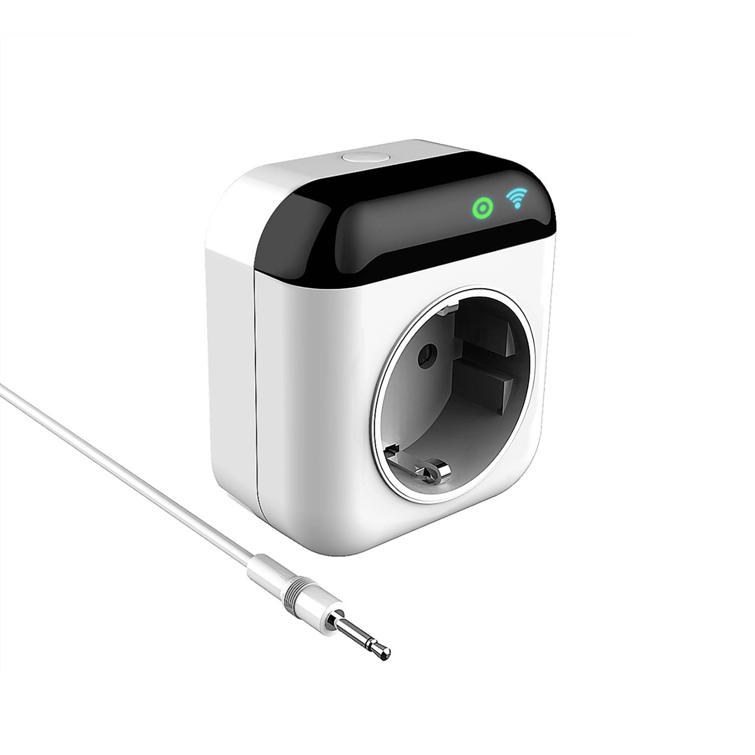 A white, square smart plug with a black top and Wi-Fi symbol. A plug socket is located on the side.