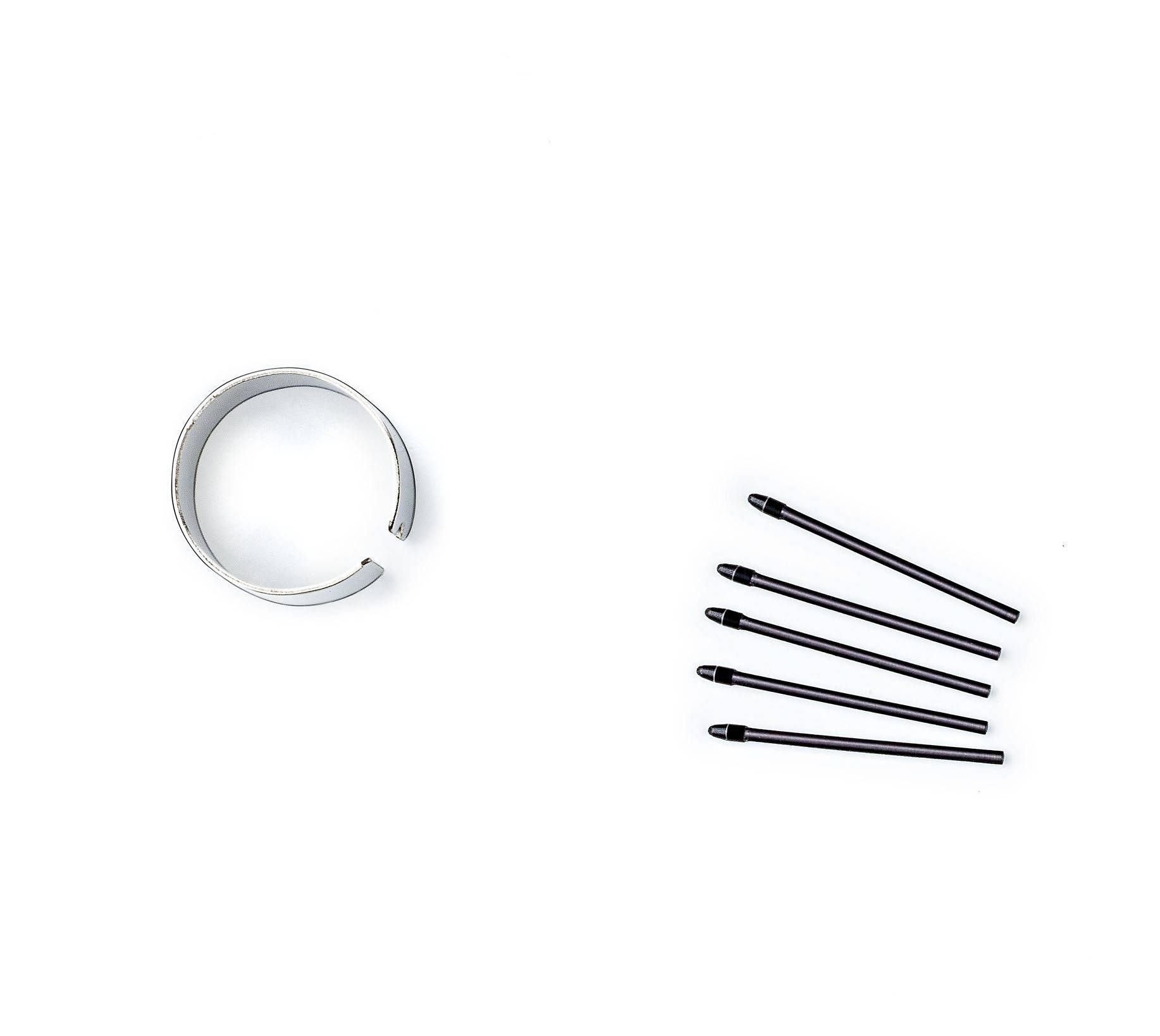 Silver metal ring on the left and five black rods on the right on a white background.