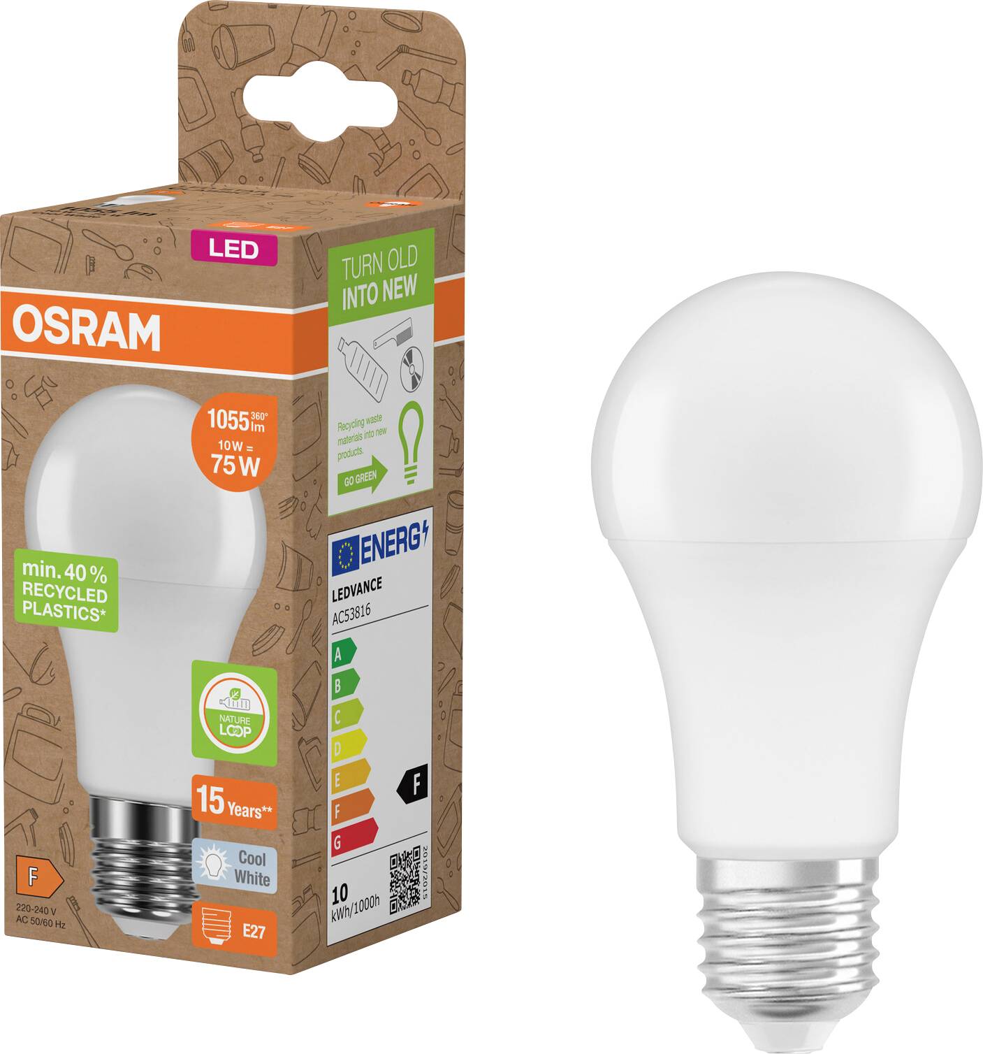 OSRAM LED light bulb shown beside its packaging, labeled 10W, 75W equivalent, warm white, E27 base, and 15-year lifespan.