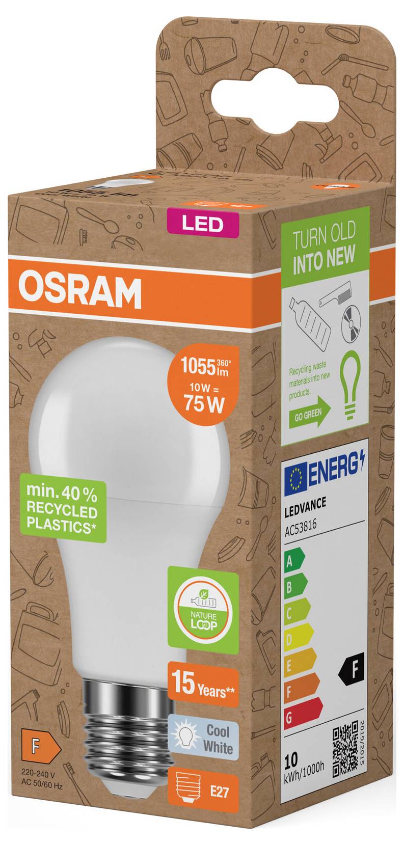 OSRAM LED light bulb box made from recycled materials, showing a 10W bulb equivalent to 75W with energy rating F.<br>