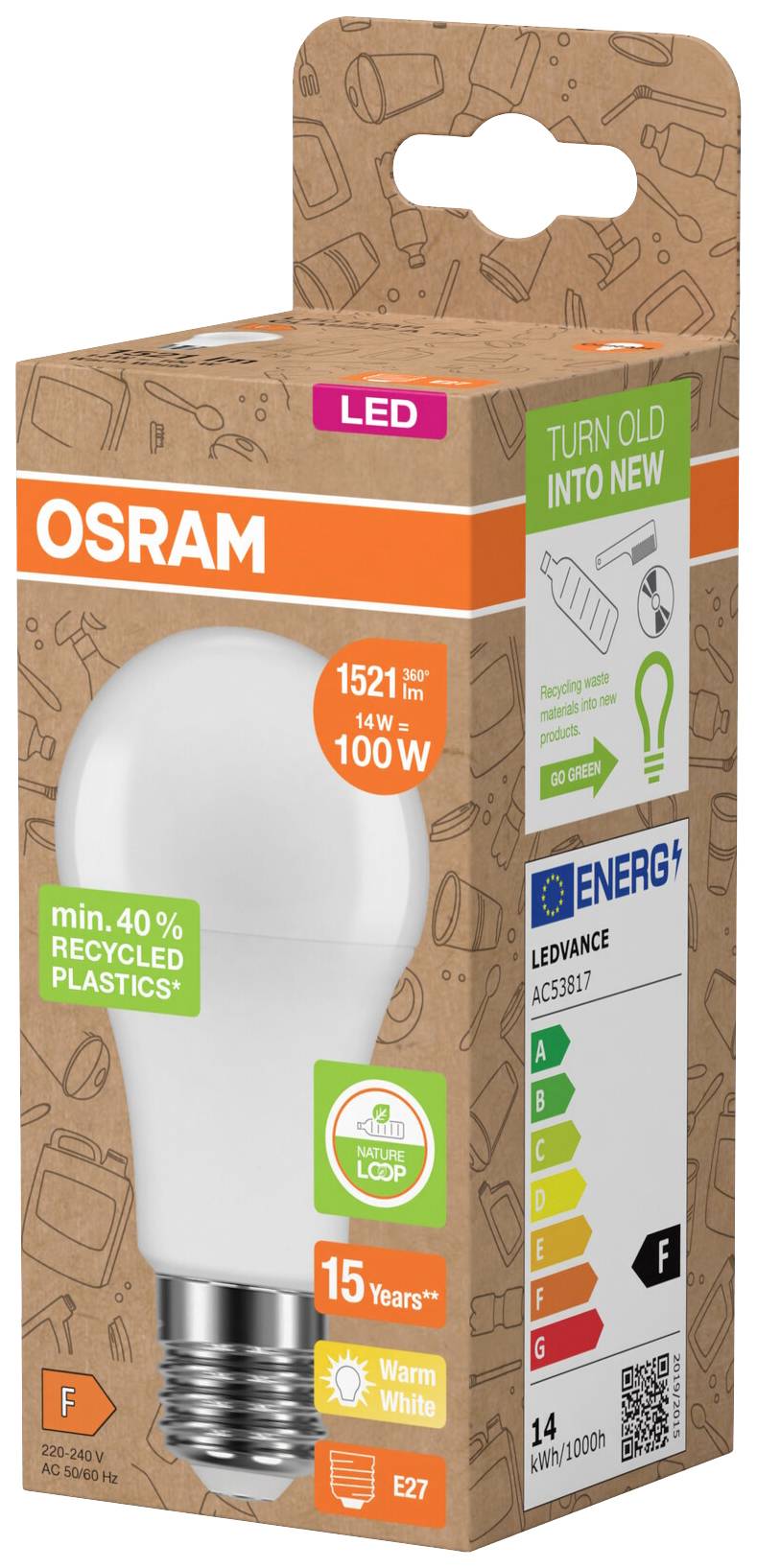 LED light bulb in an environmentally friendly packaging, made from at least 40% recycled plastic, with a 15-year lifespan.