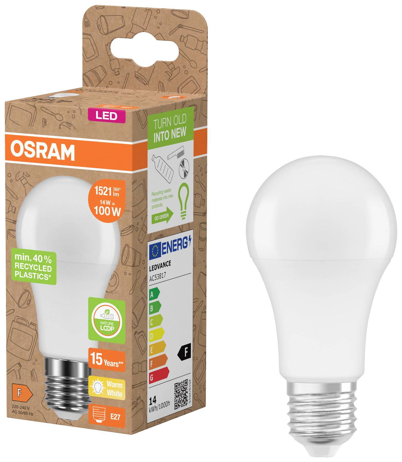 LED light bulb by Osram with 1521 lumens, 14 W (equivalent to 100 W), warm white, E27. Packaged in cardboard box made from at least 40% recycled plastic. Energy rating F.