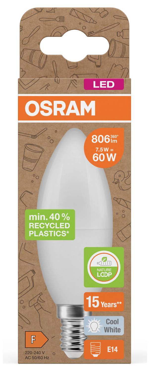 OSRAM LED bulb package, 806 lm, 7.5 W, 60 W equivalent, cool white, E14 base, minimum 40% recycled plastics, 15 years.