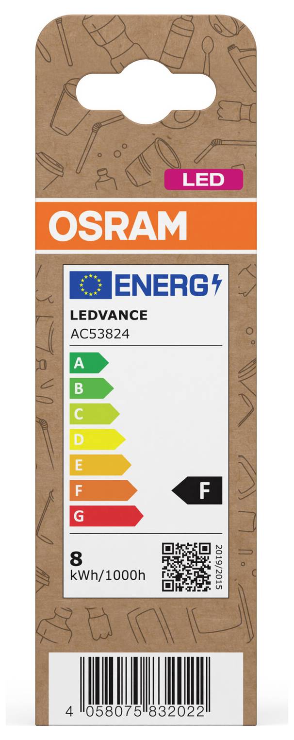 OSRAM LED bulb packaging with energy label showing LEDVANCE AC53824, efficiency class F, 8 kWh/1000h, and barcode.
