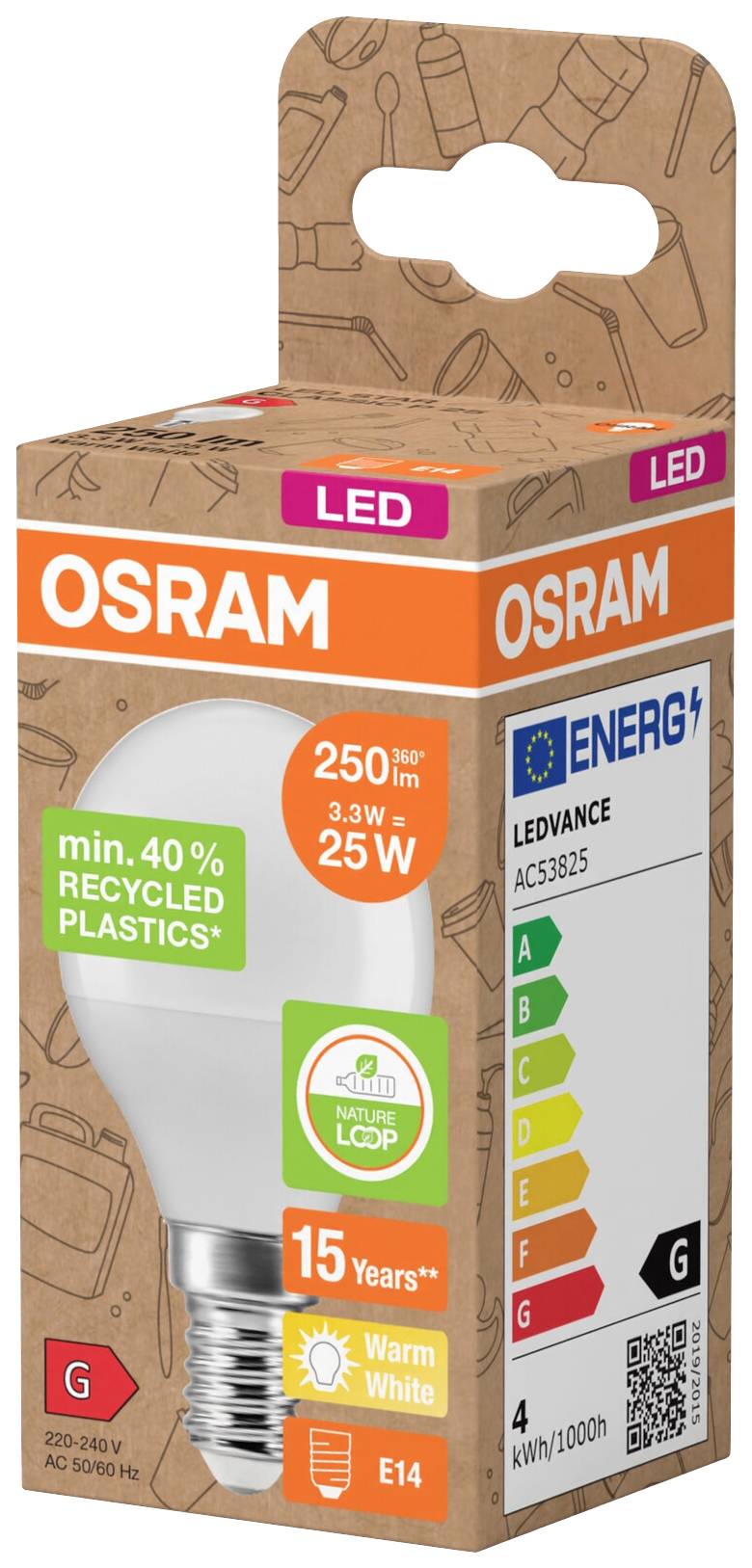 An Osram LED light bulb in packaging. Manufactured from at least 40% recycled plastic, energy efficiency class G.