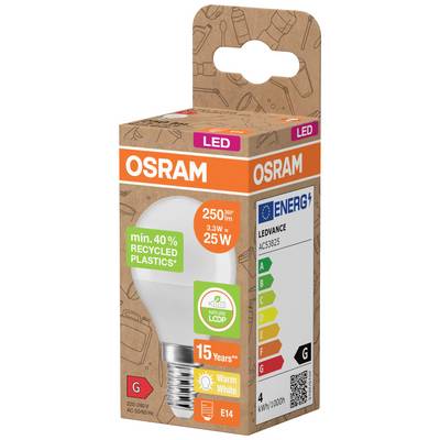 An Osram LED light bulb in packaging. Manufactured from at least 40% recycled plastic, energy efficiency class G.