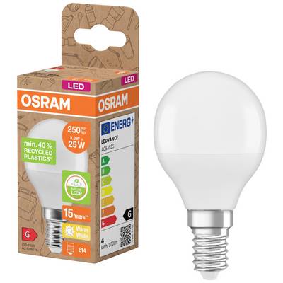 'Energy-saving LED light bulb by Osram with E14 fitting, energy-efficient, 15-year lifespan, 40% recycled plastic, warm white light.'