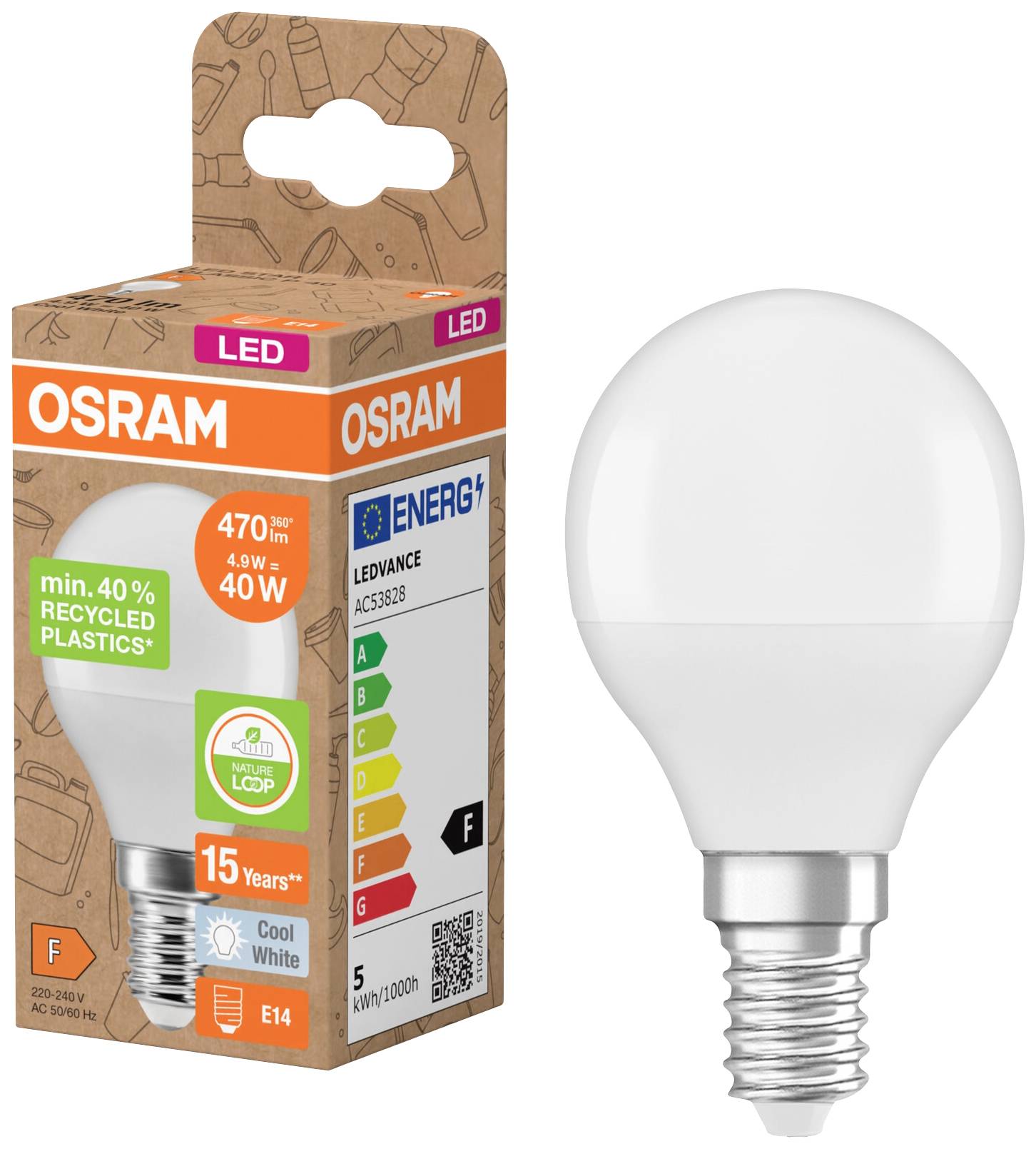 LED light bulb by Osram next to its packaging. Packaging shows: 'min. 40% recycled plastics', 470 lm, 40W, Energy Class F.