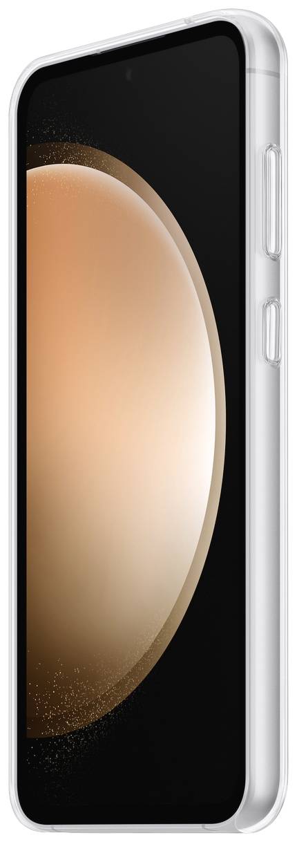 Smartphone viewed from the side in silver colour. The screen displays an orange background and the volume buttons are visible.