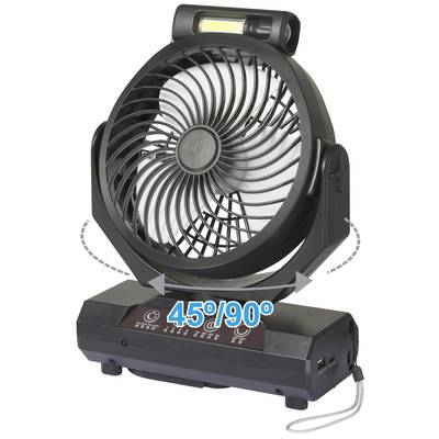 'Black portable fan with adjustable tilt angle of 45° and 90°.'