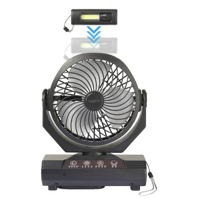 A black desk fan with grey rotor blades mounted on a base. A removable battery hovers above the fan.