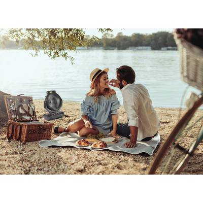 A couple sit on a blanket by the riverbank, having a picnic. They are laughing and eating sandwiches. A river can be seen in the background.