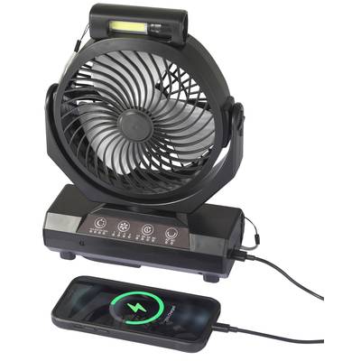A portable fan charges a smartphone via cable. The fan has control buttons, a display, and an integrated LED light.