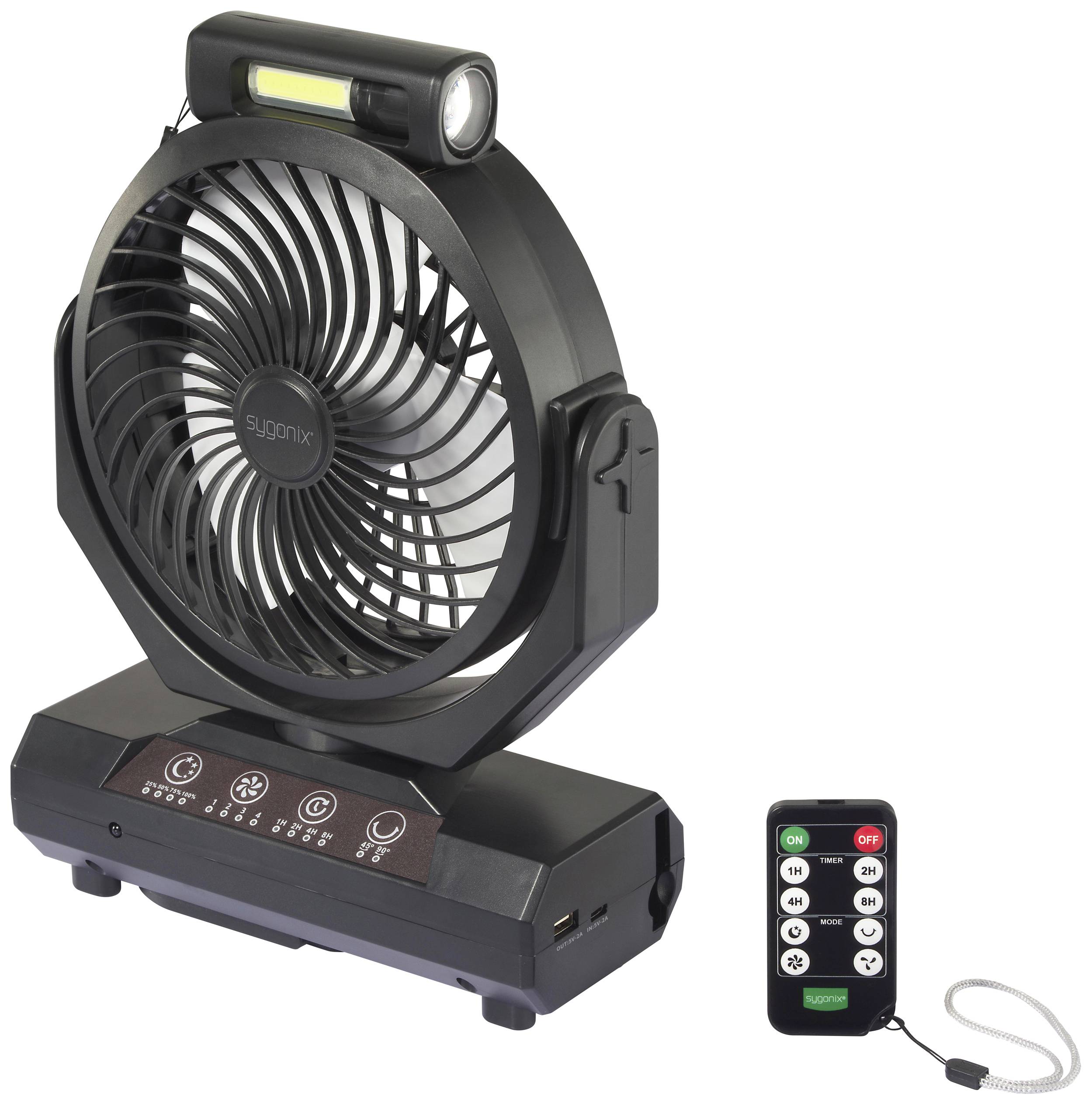 Portable fan with LED light and remote control. The fan is black, has control buttons and two USB ports.