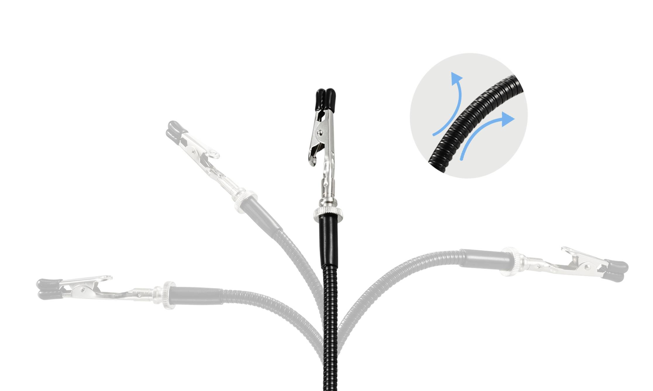 A flexible black hose with a metal clamp at one end. Circular detailed view shows its flexibility.