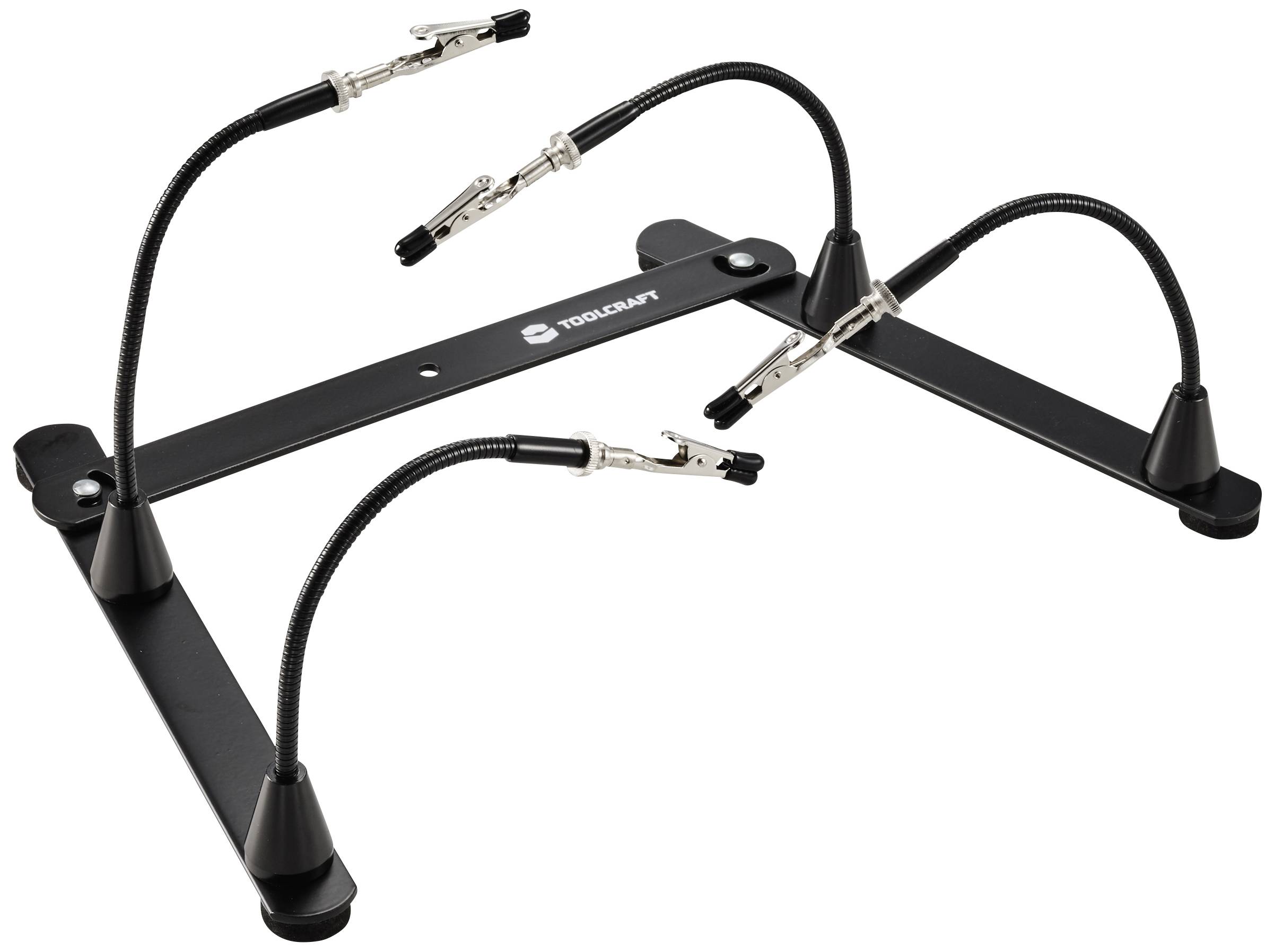 Portable, adjustable mounting bracket with flexible arms and clamps to hold objects in place. Ideal for soldering work.