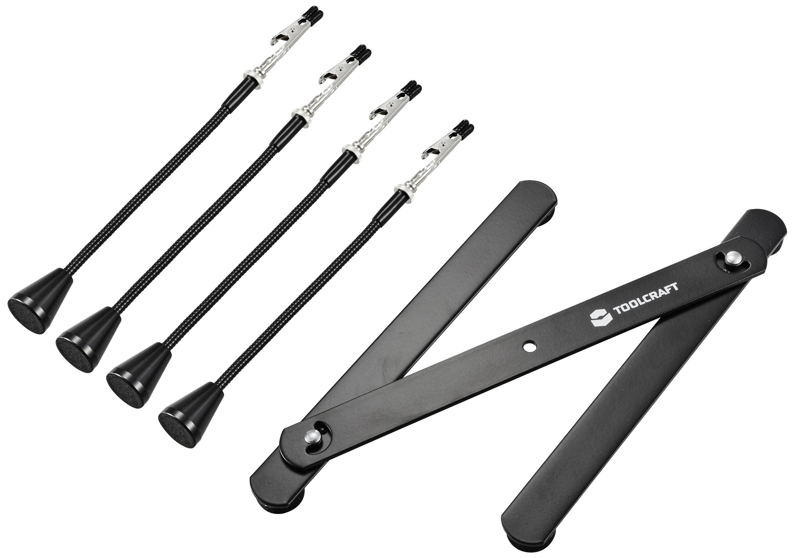 Black, foldable stand with four flexible arms, each with a clamp at one end, by Toolcraft.