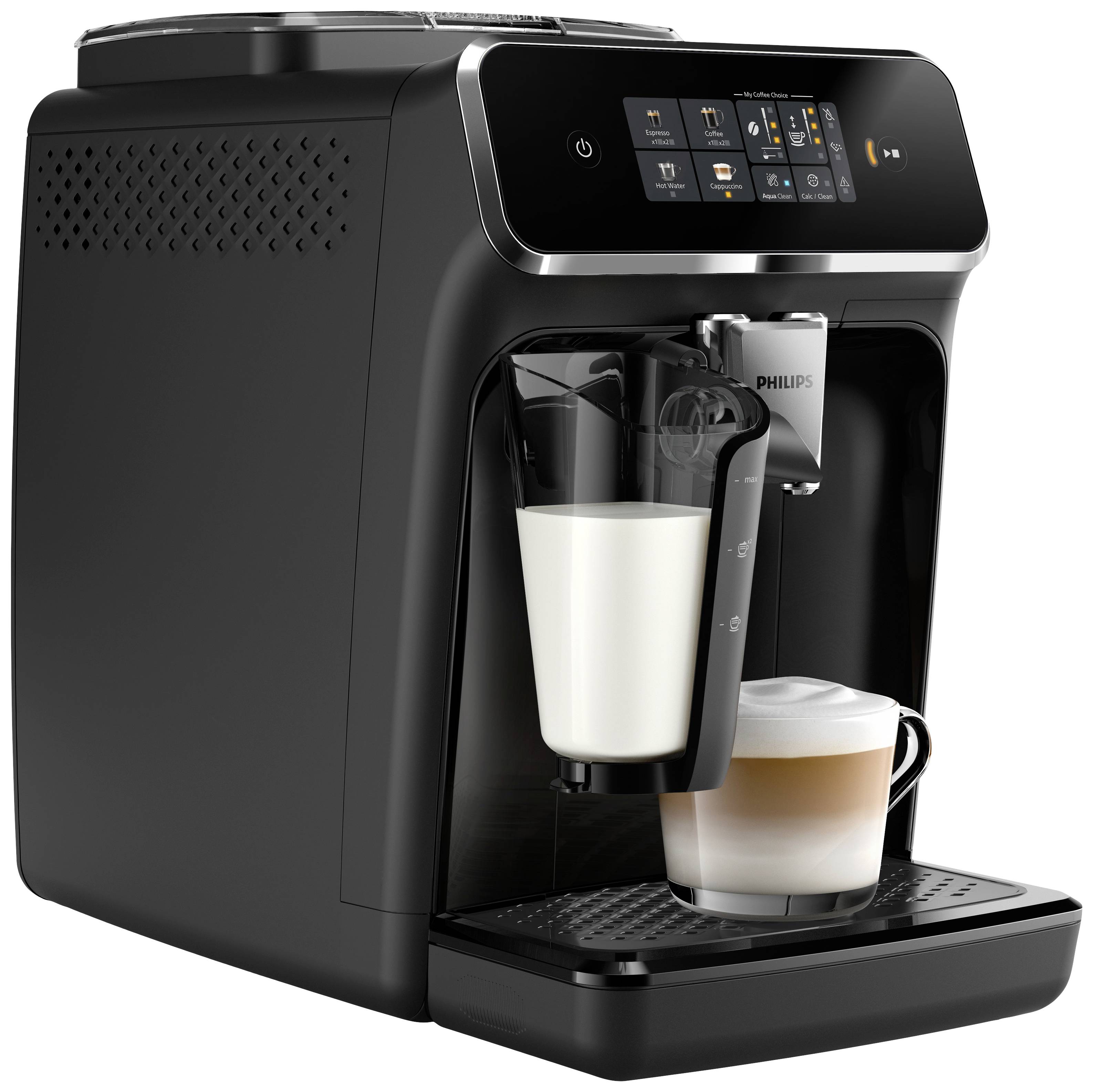 Black coffee machine with digital display prepares milk coffee. To the right, a latte is in a glass on the drip tray.
