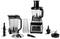 A food processor set with various attachments: mixing bowl, knife blades, control panel with buttons. Ideal for versatile cooking.