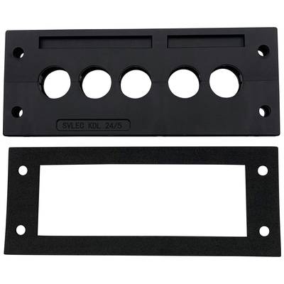 A rectangular black plastic part with five round holes. Underneath lies a rectangular rubber seal with the same dimensions.