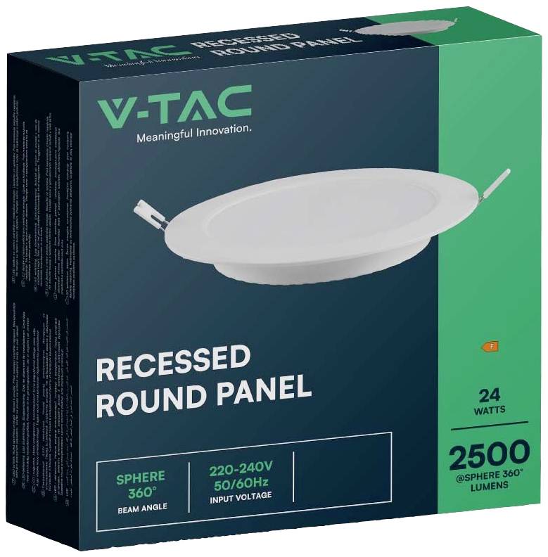 Packaging of a round recessed luminaire by V-TAC, 24 Watts, 2500 lumens, beam angle 360°, suitable for 220-240V, appropriate for interior lighting.