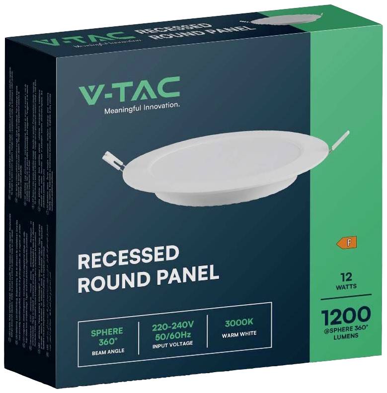 'V-TAC Recessed Round Panel' Packaging. Contains product information such as Power: 12 Watts, Colour Temperature: Warm White 3000K, Luminous Flux: 1200 Lumens.