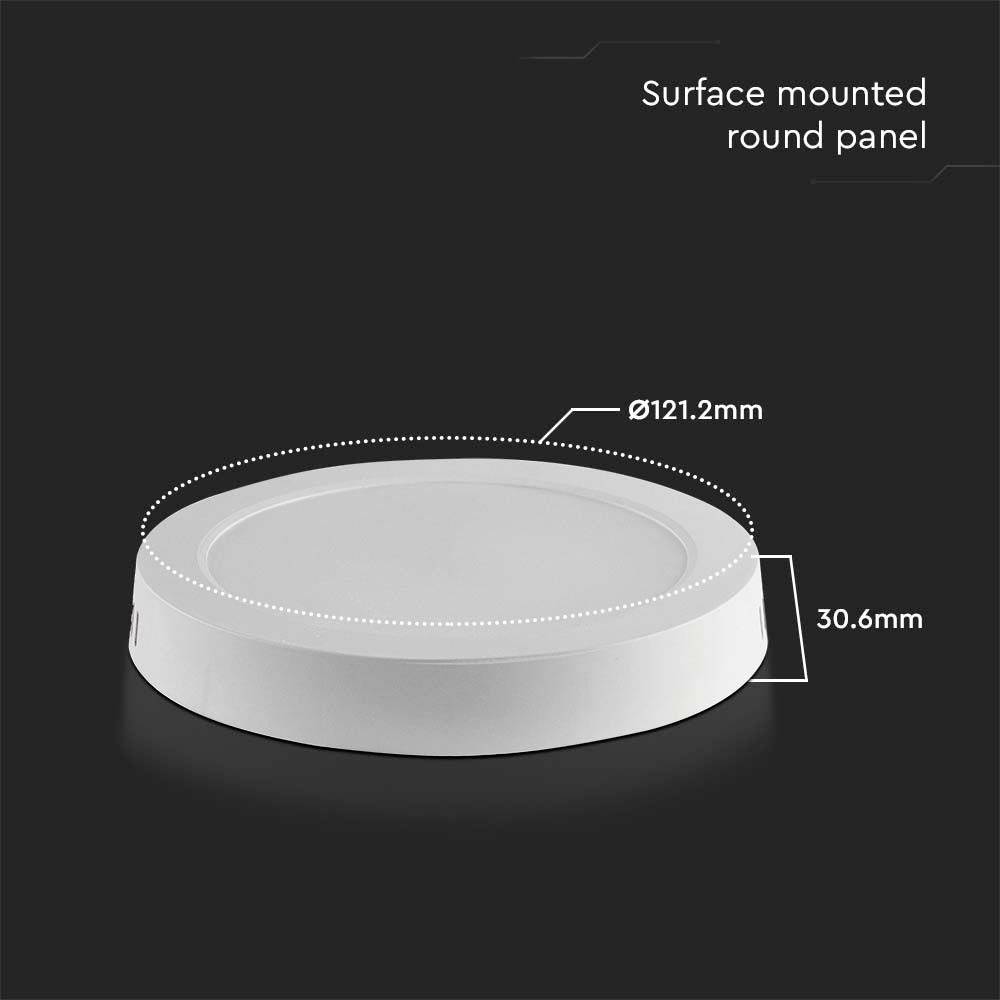 Flat, round panel with a diameter of 121.2 mm and a height of 30.6 mm, suitable for surface mounting.