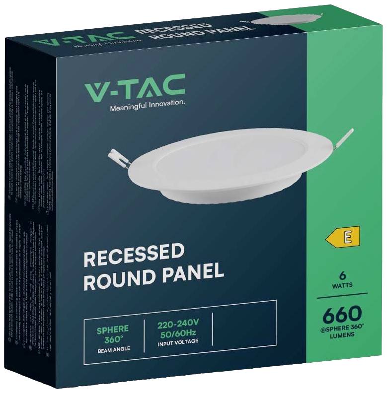 'V-TAC Recessed Round Panel', Energy Rating E, 6 Watts, 660 Lumens; Illustration of a white round ceiling light on packaging.