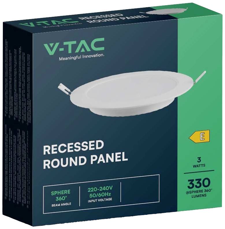 Packaging for a V-TAC Recessed Round Lamp. Specifications: Energy Class E, 3 Watts, 330 Lumens, 220-240V Voltage. Beam Angle 360°.