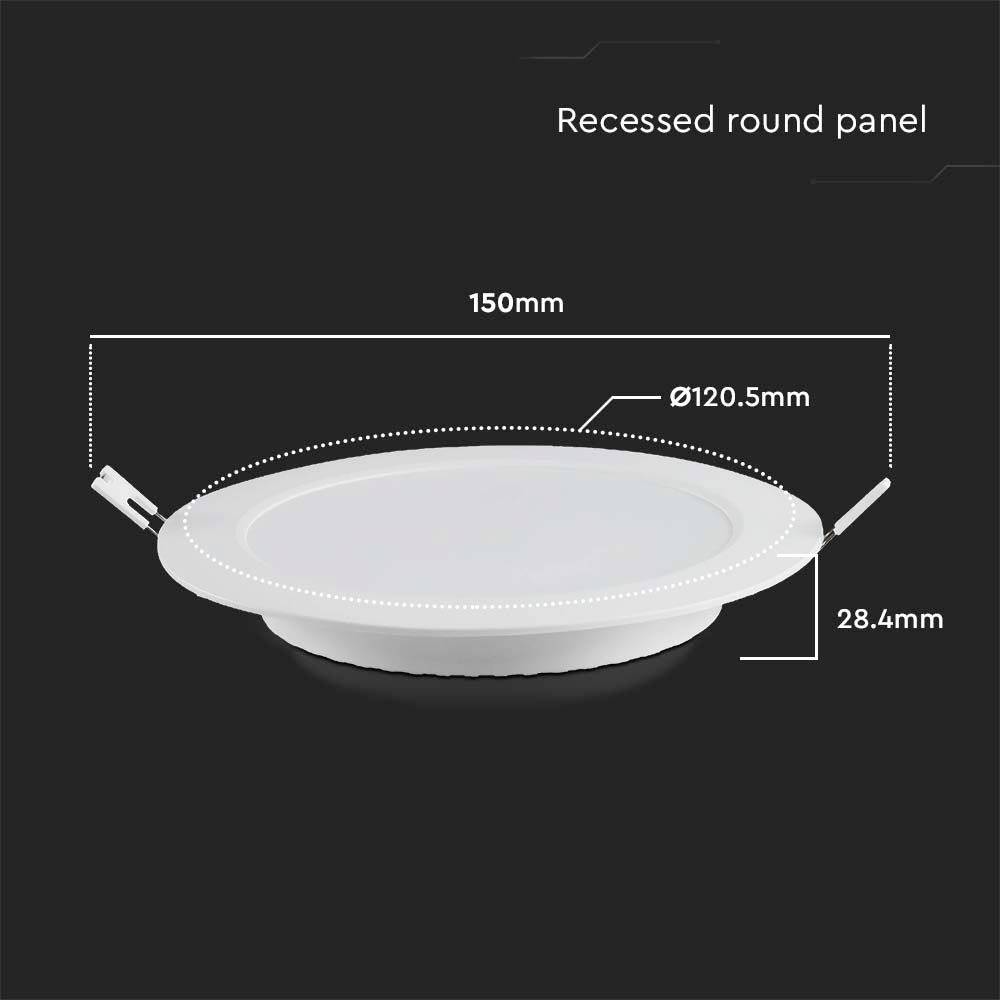 Round, recessed LED light with dimensions: diameter 150 mm, luminous surface 120.5 mm and height 28.4 mm on a black background.